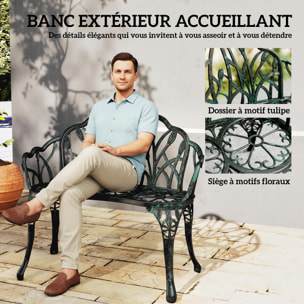 Banc de jardin 2 places style néo-rétro motif tulipes lignes fuselées fonte d'aluminium vert vieilli