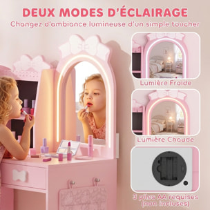 Coiffeuse enfant chaise miroir LED réglable multi-rangement rose