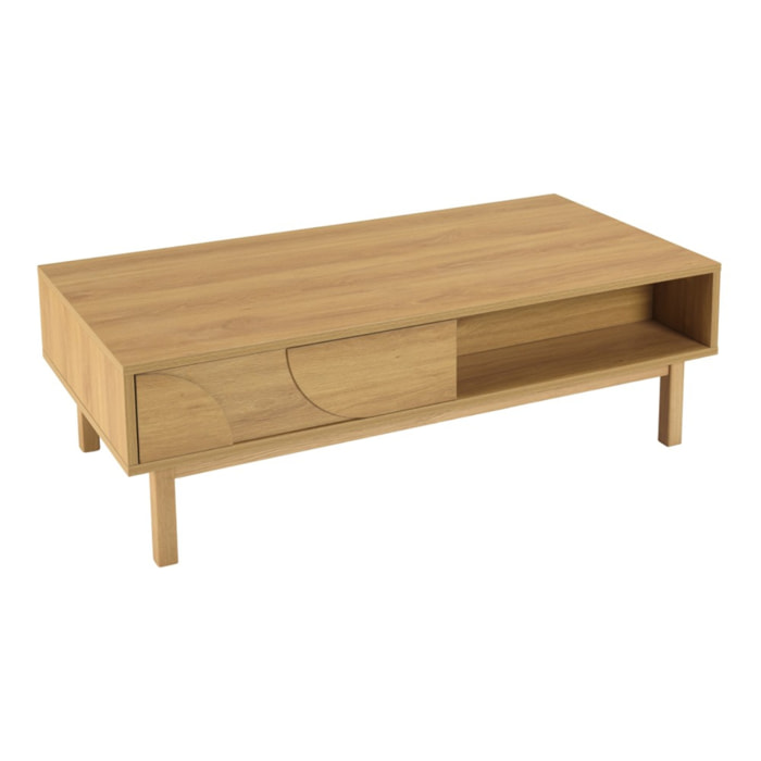 ETHAN - Table basse couleur naturelle 2 tiroirs 2 niches décor motif arrondi