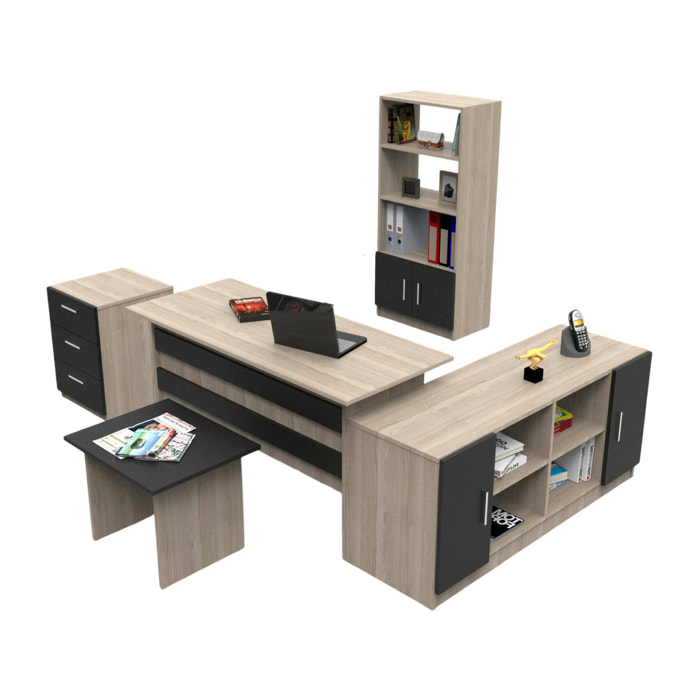 Set da ufficio Hilda, Composizione da studio, Kit ufficio, Set scrivania e cassettiera, Quercia e Nero