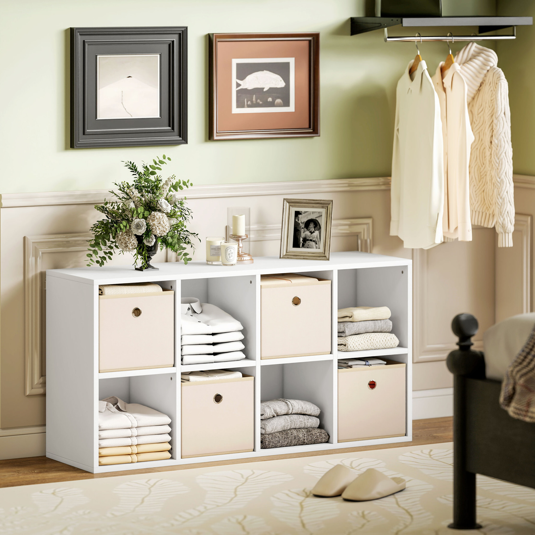 Estantería de 8 Cubos, Librería, Estantería para Libros con 4 Cajones de Tela, Horizontal o Vertical, para Salón, Dormitorio, Estudio, 105,9x30x53,7 cm, Blanco y Beige