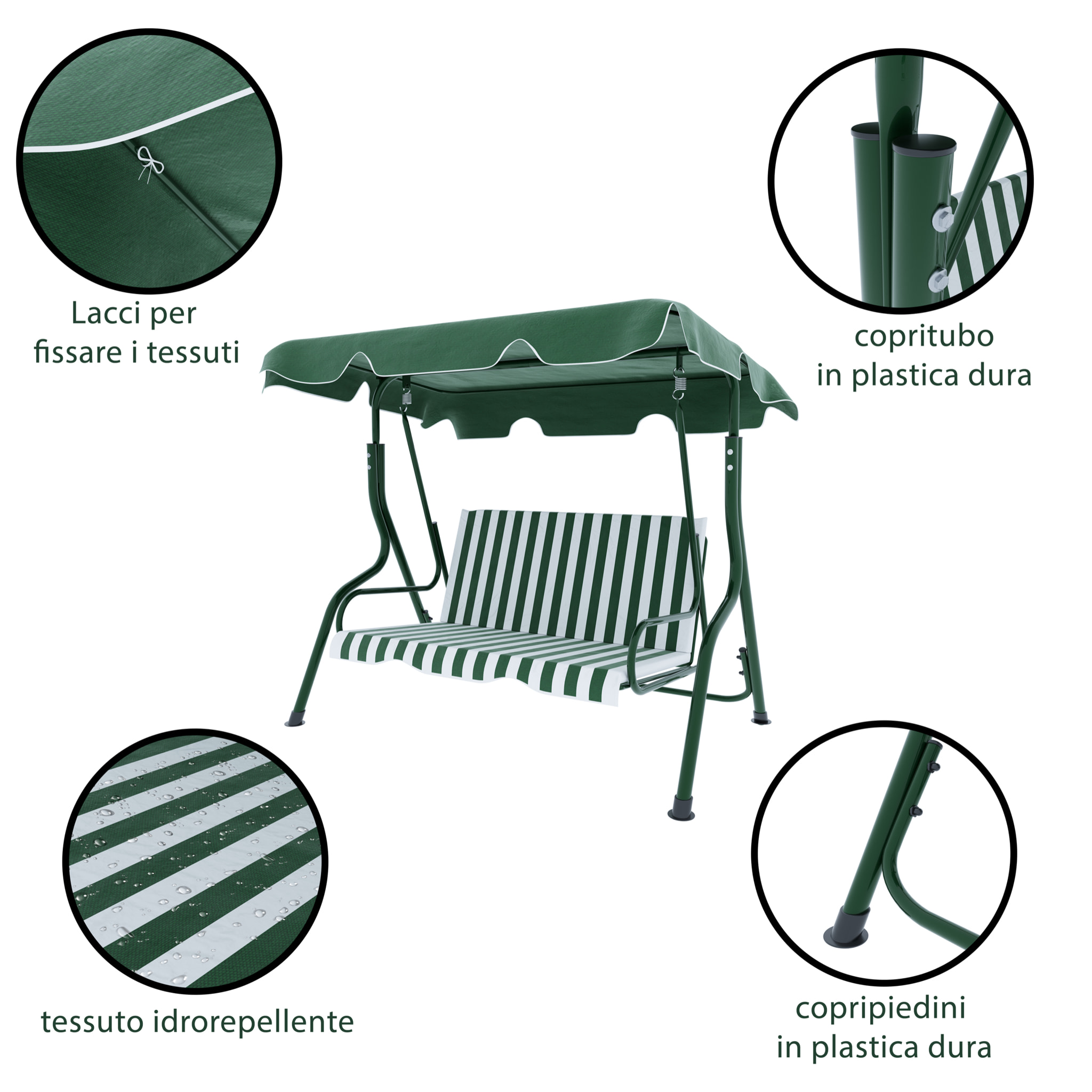 Dondolo 3 Posti Algarve Con Tettuccio Parasole Regolabile Cuscini Imbottiti Struttura Robusta In Acciaio Da Giardino 170 x 110 x 153 cm Verde Bianco