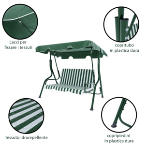 Dondolo 3 Posti Algarve Con Tettuccio Parasole Regolabile Cuscini Imbottiti Struttura Robusta In Acciaio Da Giardino 170 x 110 x 153 cm Verde Bianco
