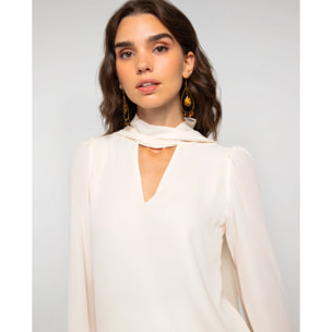 Blusa de manga larga con escote en pico y lazada multiposición