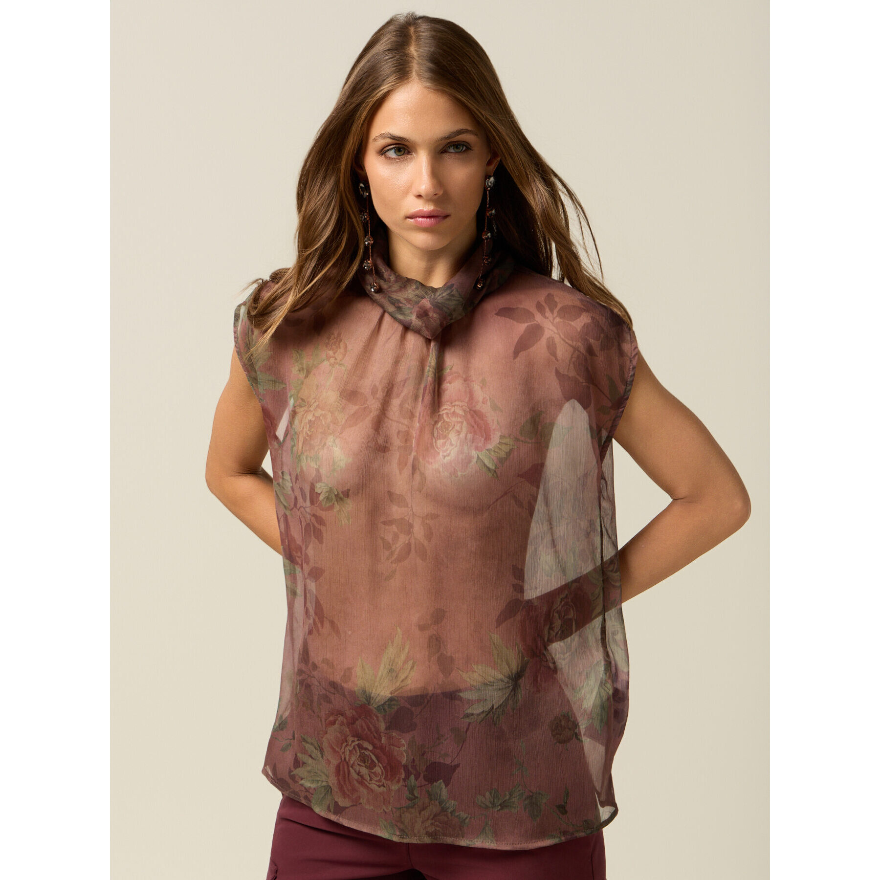 Oltre - Blusa fantasia in tessuto crêpe - Marrone