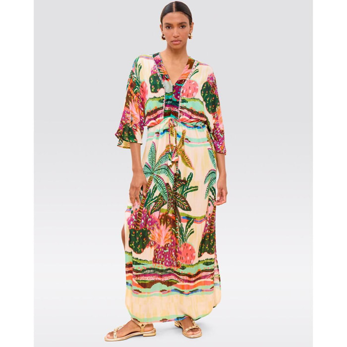 Abito lungo con maniche larghe e stampa di palme multicolore