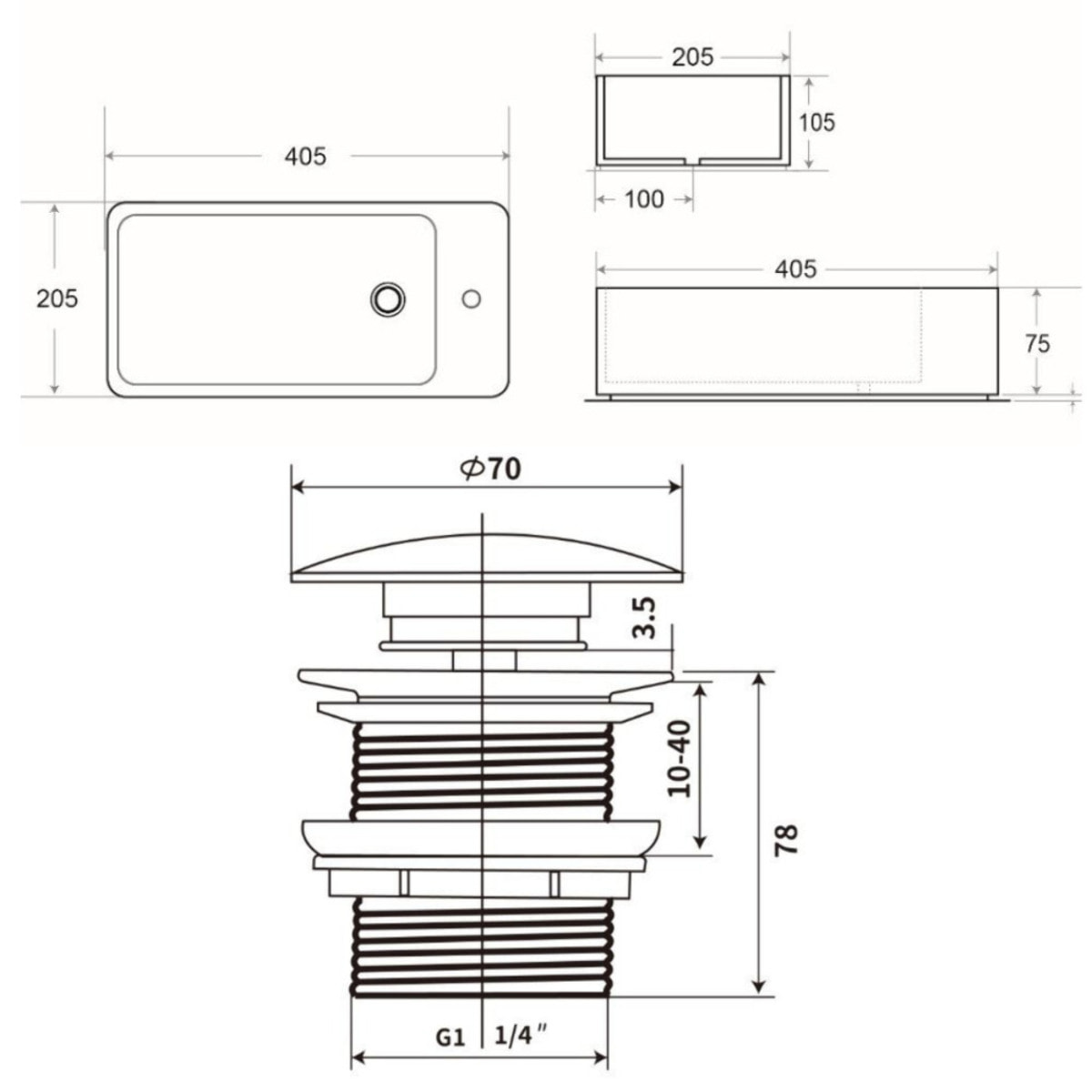 Brevis Lave-mains suspendu Noir mat avec trou pour robinetterie à droite, 40,5x20,5x10,5cm + Bonde