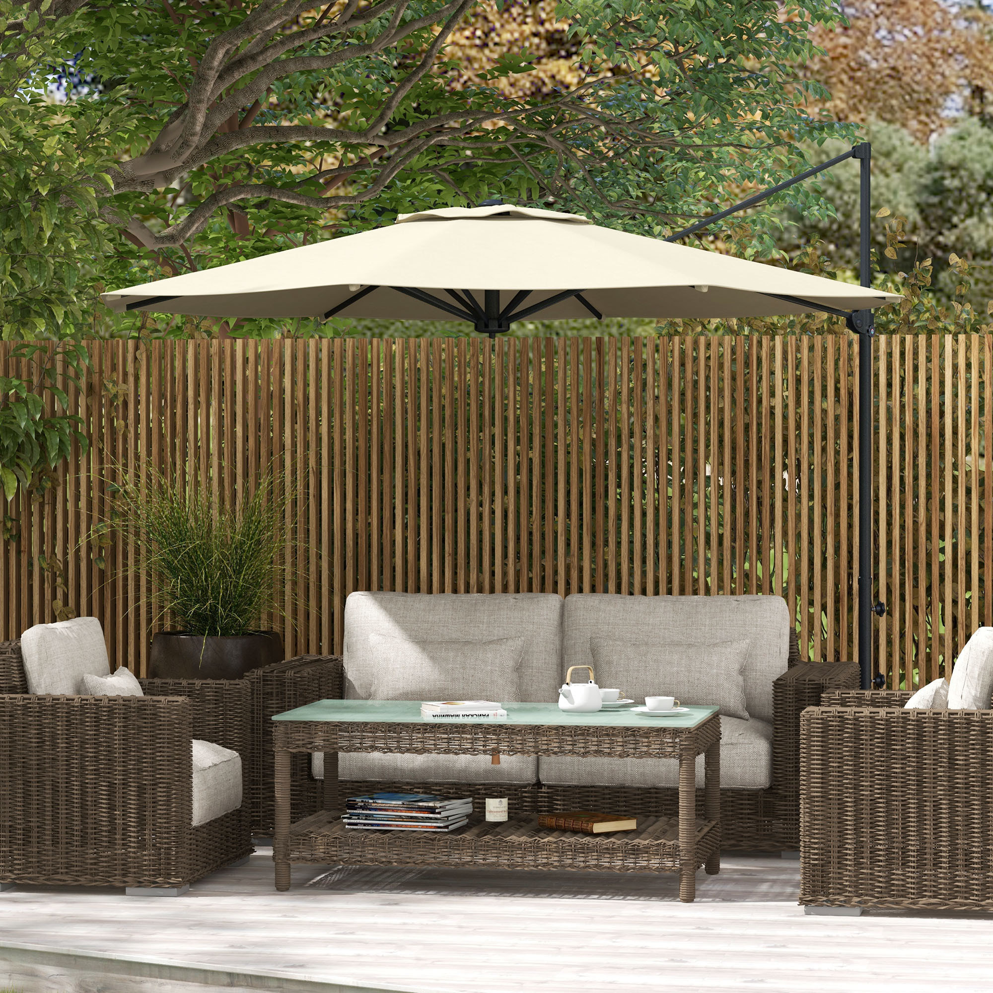 Sombrilla de Jardín Ø294x242 cm Parasol de Terraza con Altura Ajustable Poste Giratorio 360° Ángulo de Techo Ajustable y Ventilación Superior para Patio Piscina Crema