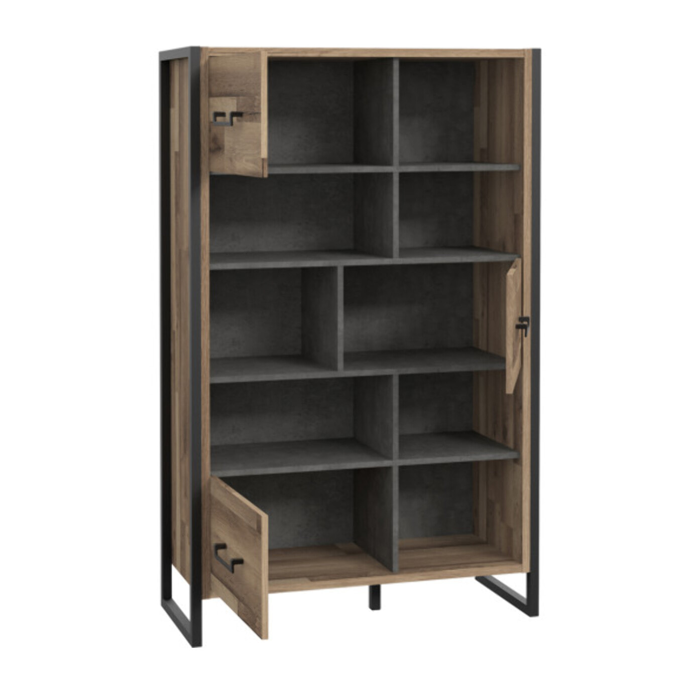 Bibliothèque bois effet et métal noir 3 portes 7 niches - BUDDY