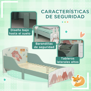 Conjunto para Niños Incluye 1 Cama Infantil 1 Estantería para Juguetes con Pizarra Pintable y 1 Organizador de Juguetes con 6 Cajas de Tela Extraíbles Verde