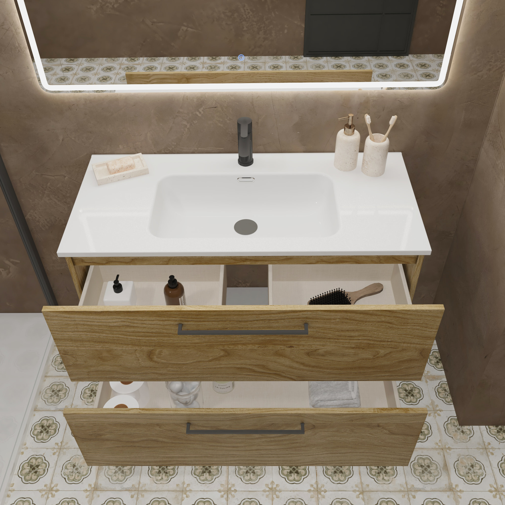 Conjunto de Baño Vex | 60 cm Teka| Dos Cajones | Lavabo Encastrado | No incluye Espejo | Mueble Montado | Alday