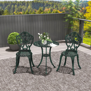 Ensemble bistrot de jardin 2 personnes 3 pièces aluminium aspect fer forgé noir vieilli vert