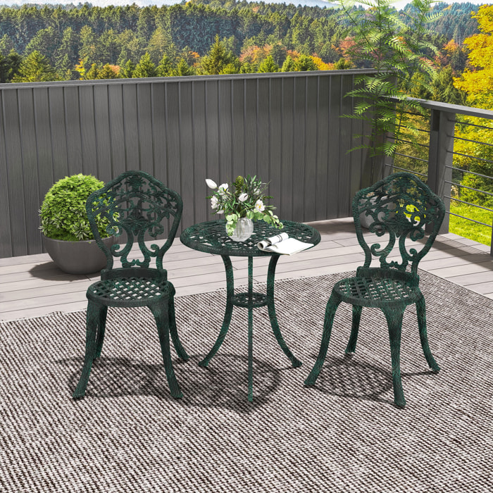 Ensemble bistrot de jardin 2 personnes 3 pièces aluminium aspect fer forgé noir vieilli vert