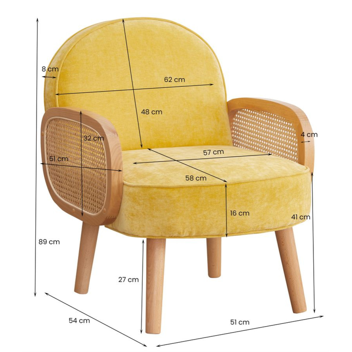 Poltrona design vintage con braccioli rattan ocra - Doris