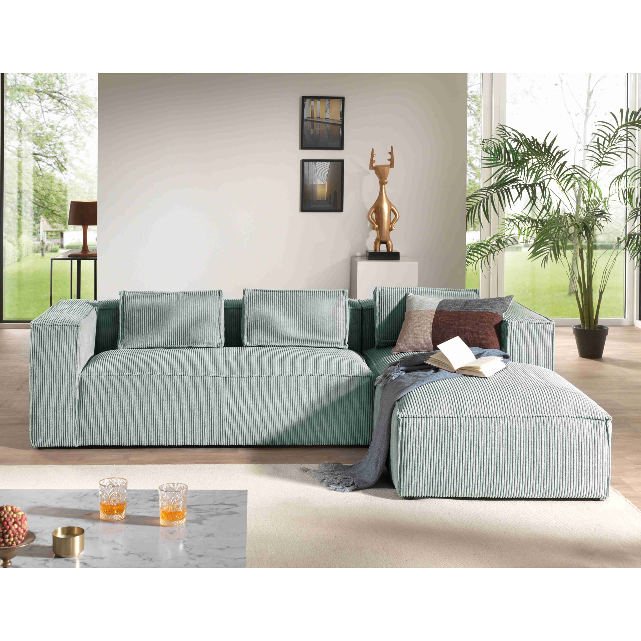 Stella - canapé d'angle droit en velours côtelé - 4 places -style contemporain - Bleu