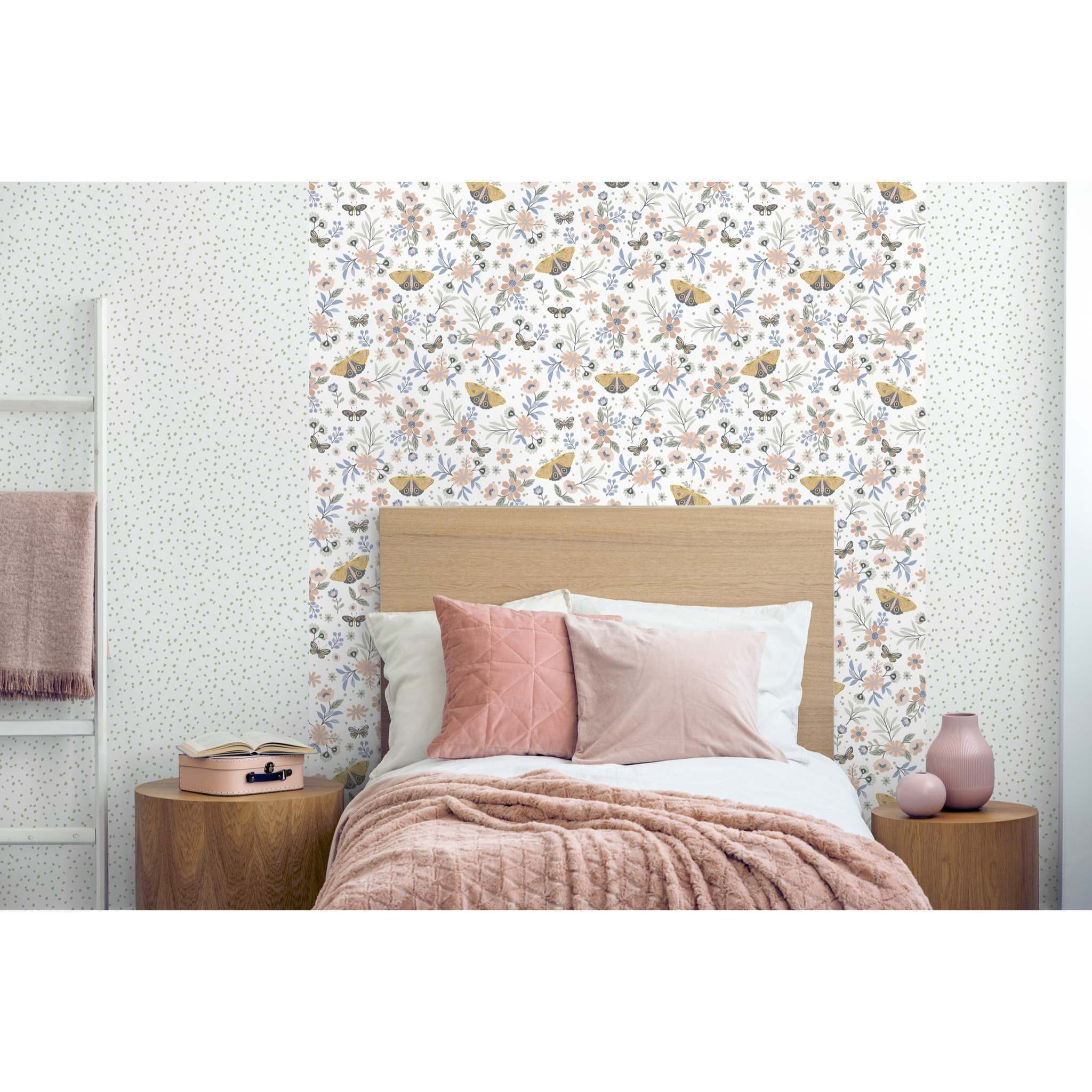 Papier peint floral papillons fond blanc