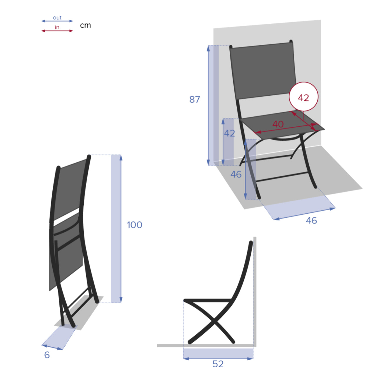Lot de 4 chaises de jardin pliantes "Modula" bleu canard & graphite acier traité époxy