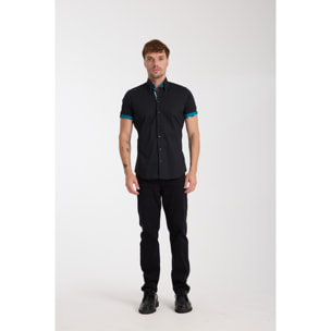 Camicia Uomo Manica Corta 2 Bottoni Button Down 7 Botto Popeline Stretch Unito Nero