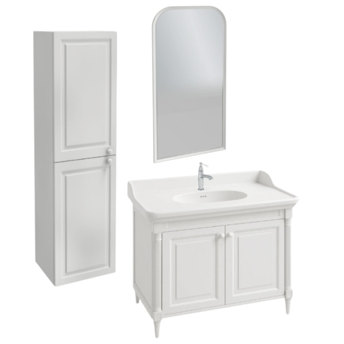 Pack meuble vasque Cléo 1889 blanc velours + colonne gauche + miroir + mitigeur chrome