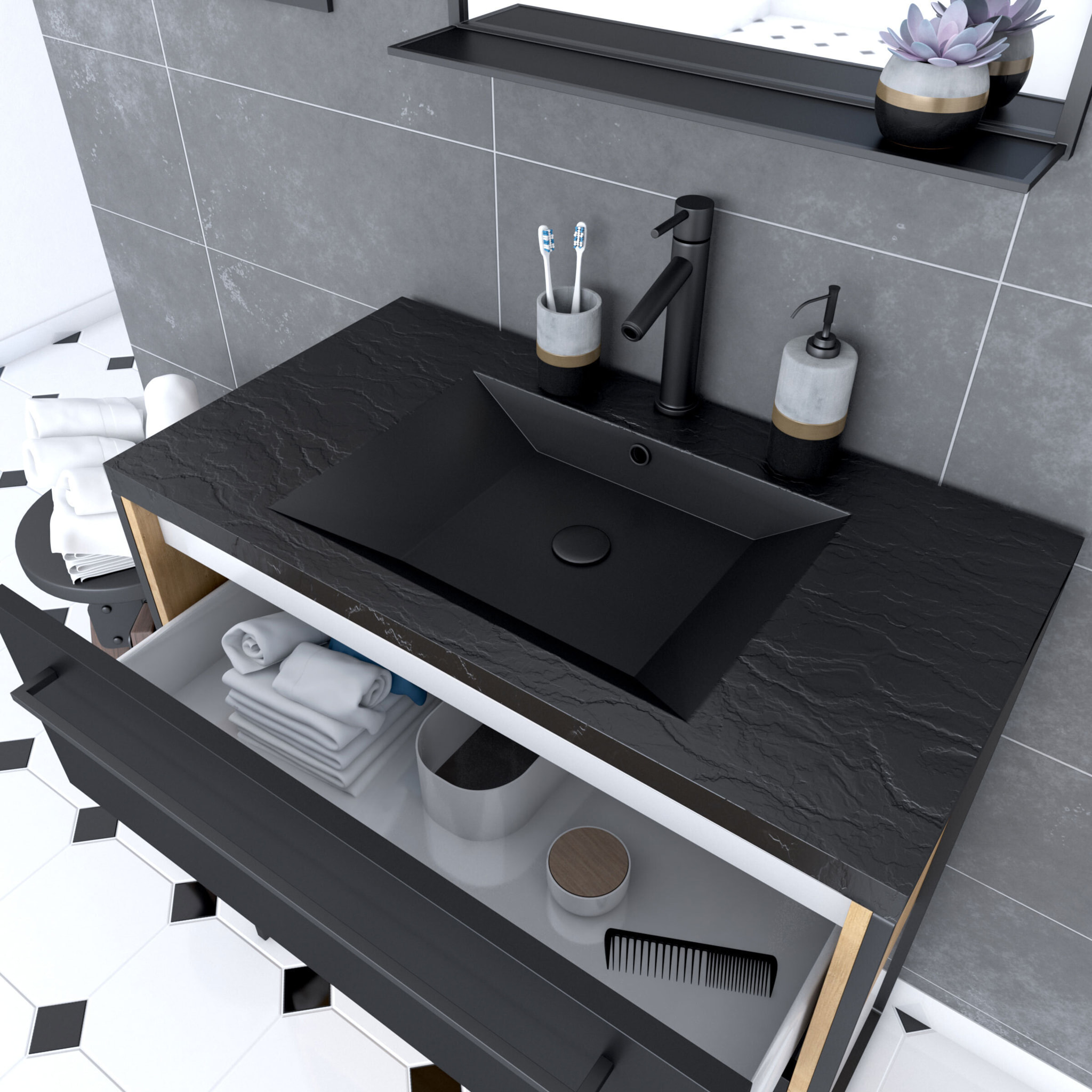 Meuble de salle de bain 80x50cm chene brun - 2 tiroirs noir mat - vasque resine noire effet pierre