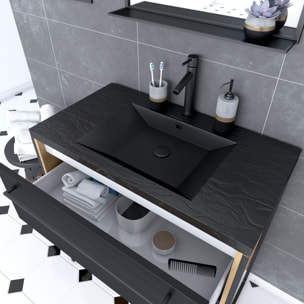 Meuble de salle de bain 80x50cm chene brun - 2 tiroirs noir mat - vasque resine noire effet pierre