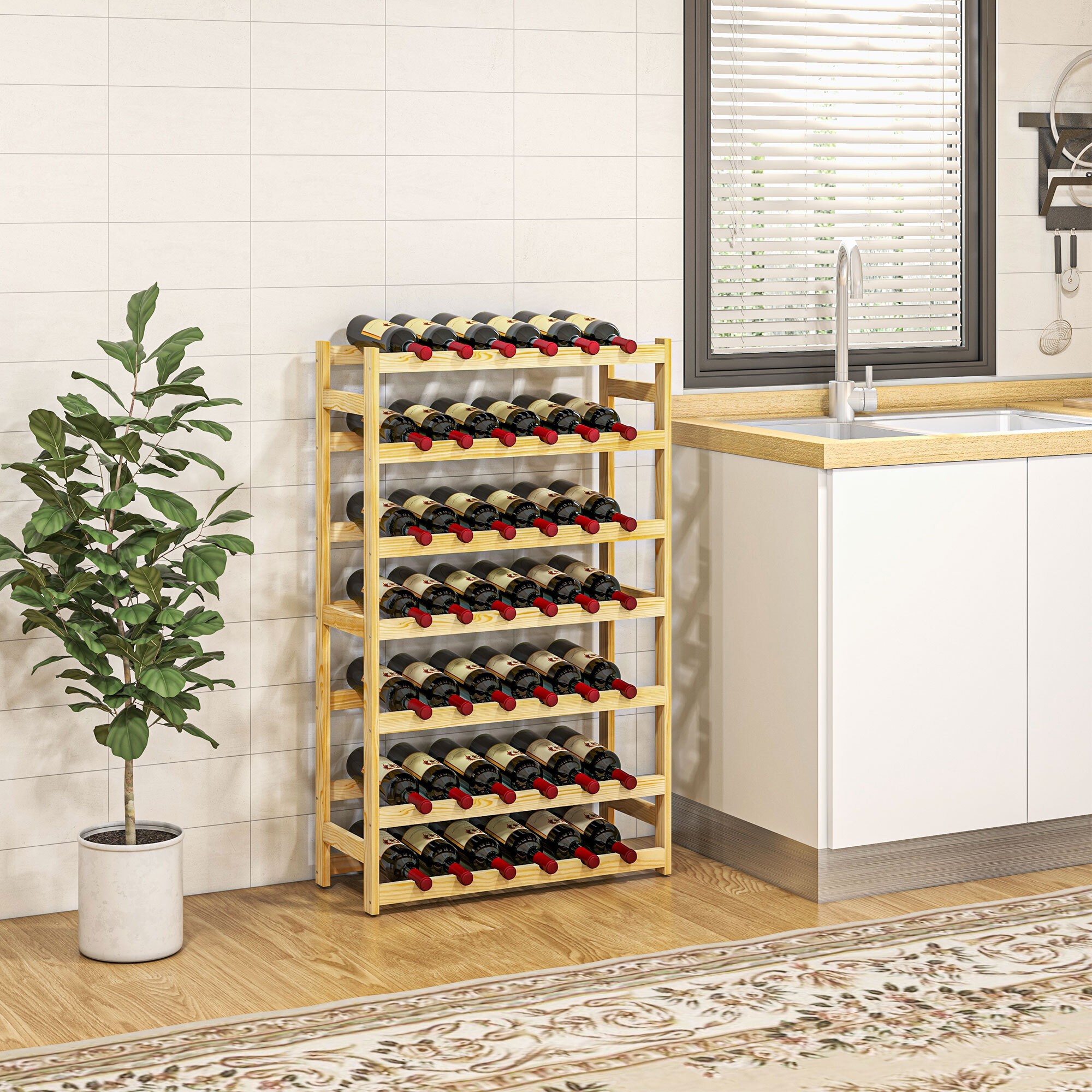 Casier bouteilles vin 42 bouteilles - rack à bouteille en bois 7 niveaux - range bouteille pin verni