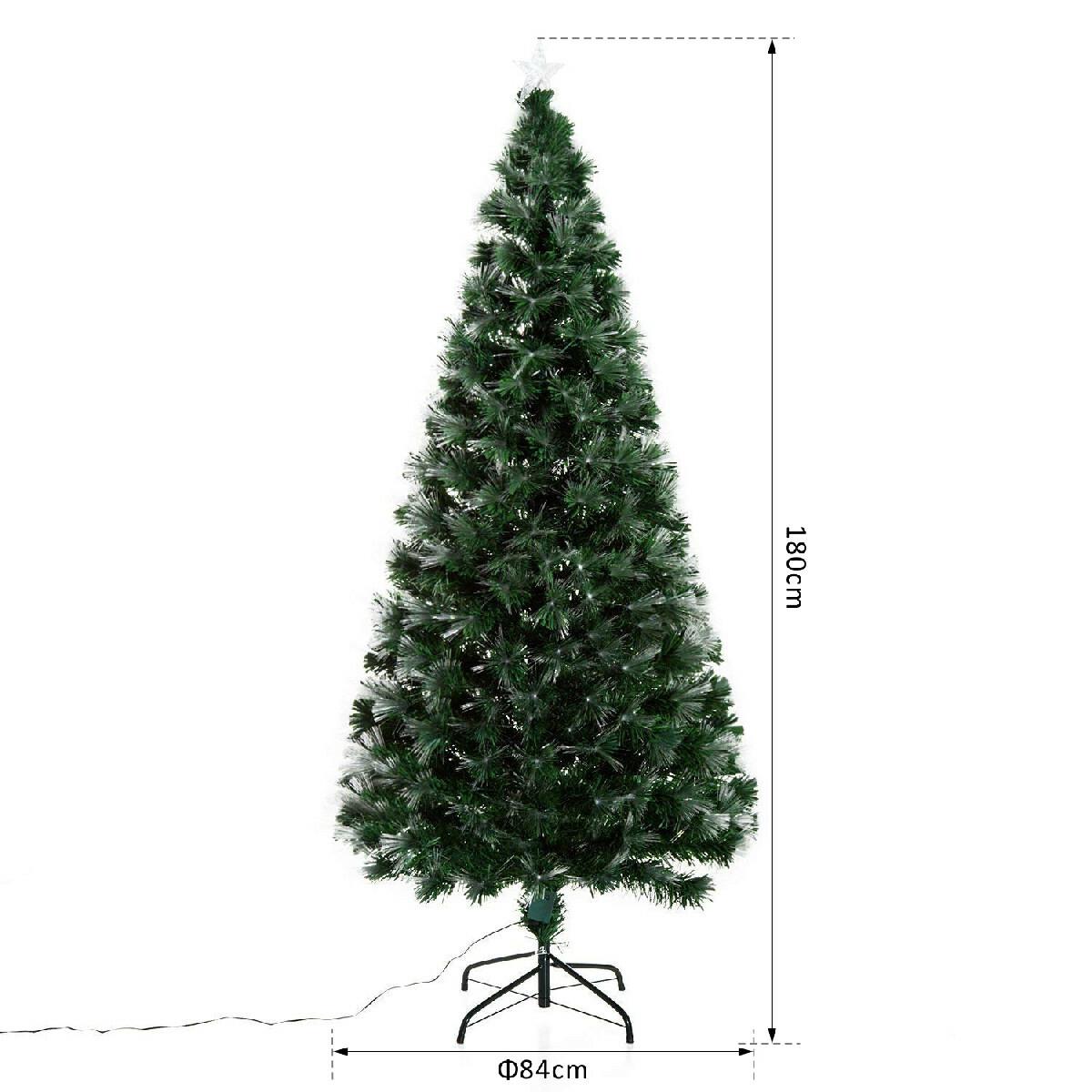 Sapin de Noël artificiel lumineux fibre optique LED multimode multicolore + support pied Ø 84 x 180H cm 230 branches étoile sommet brillante vert