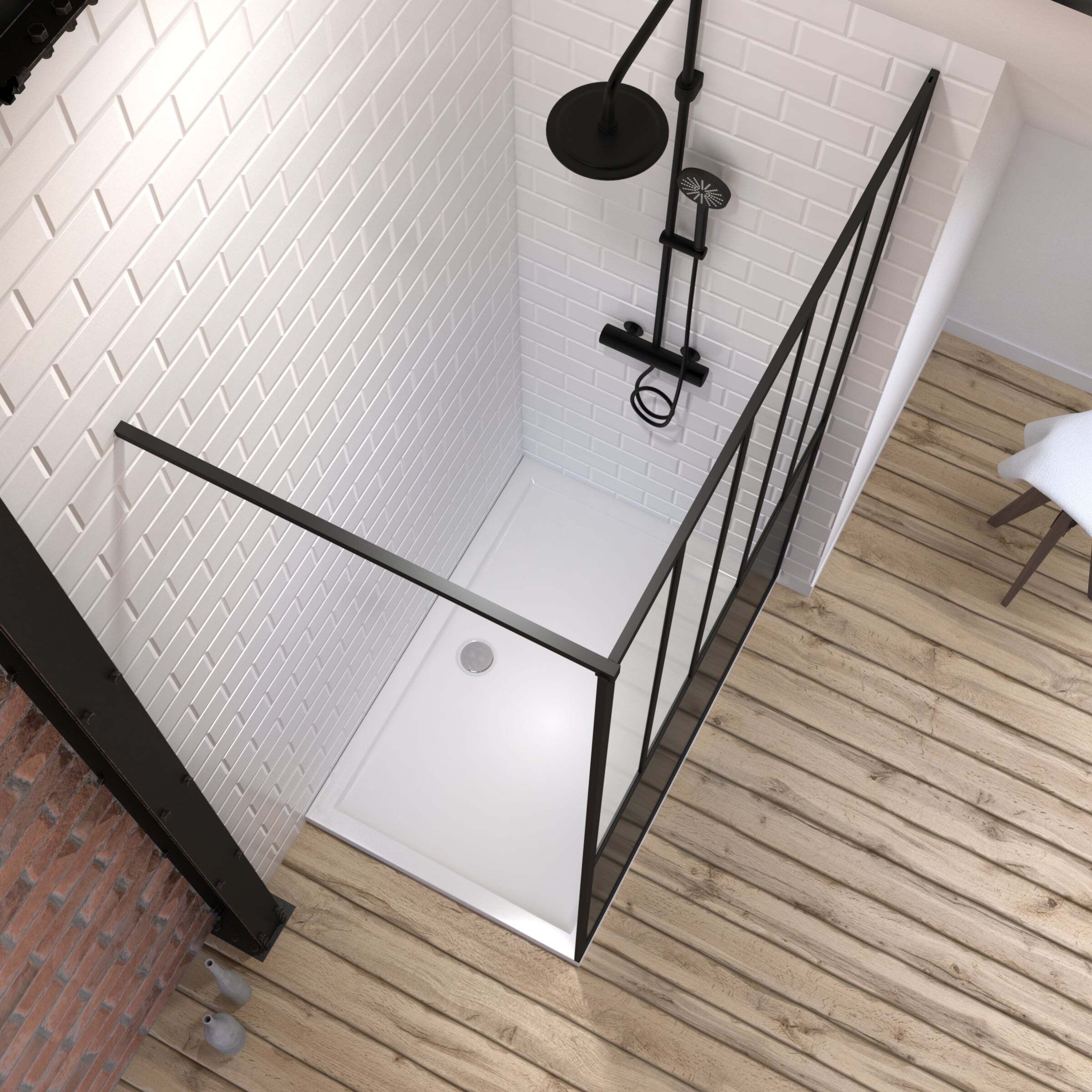 Pack Paroi de douche 120x200 cm noir mat - verre trempe 5mm + RECEVEUR A POSER RECTANGLE 120x80
