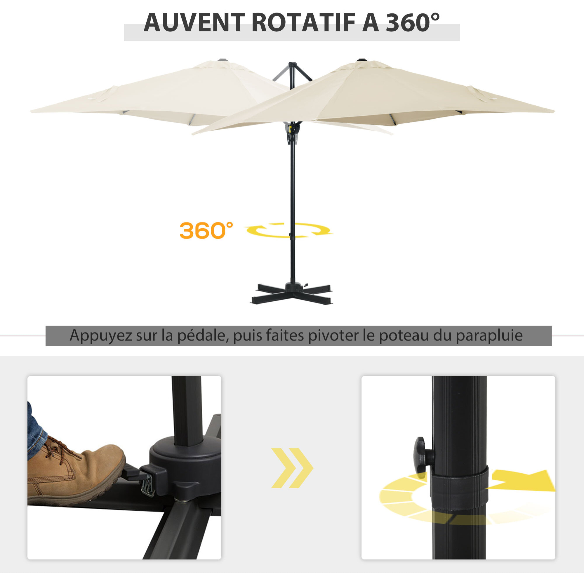 Parasol déporté carré inclinable manivelle avec pied en acier dim. 2,45L x 2,45l x 2,45H m métal alu. polyester haute densité beige