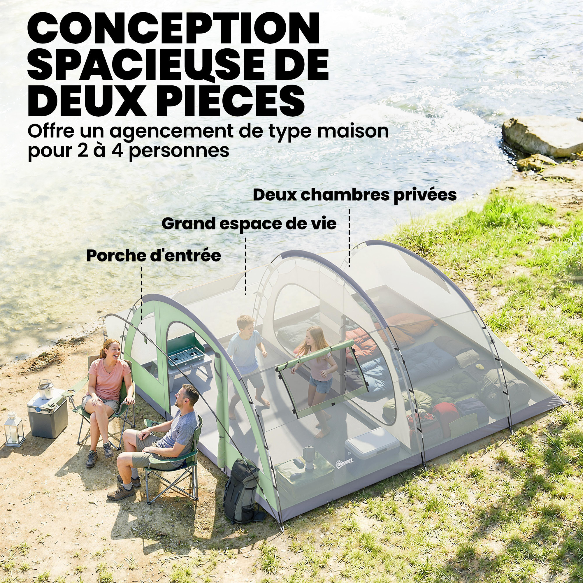 Tente de camping tunnel 4 personnes 2 pièces - étanche 3000mm - 505x390x196cm - vert