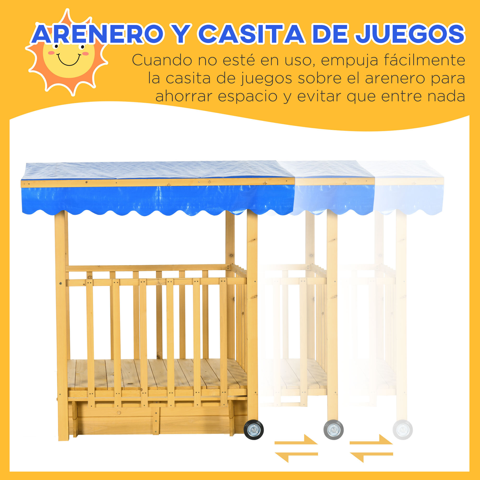 Arenero para Niños Veranda de Madera con Techo y Ruedas Cajón de Arena Juego para Niños de 3-8 Años para Jardín Patio 133x129x137,5 cm Natural