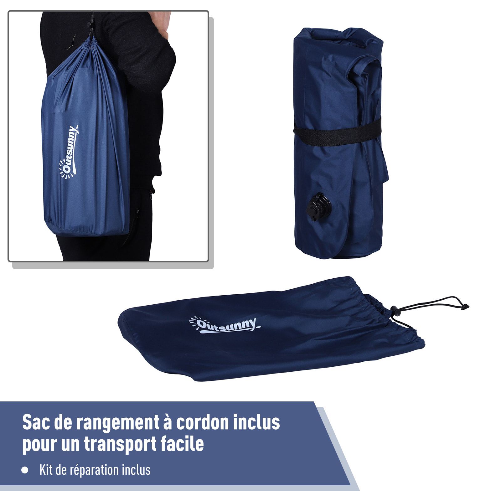 Matelas autogonflant de camping - grand confort 2 personnes - pliable avec sac de transport inclus - dim. 195L x 138l x 10H cm bleu marine