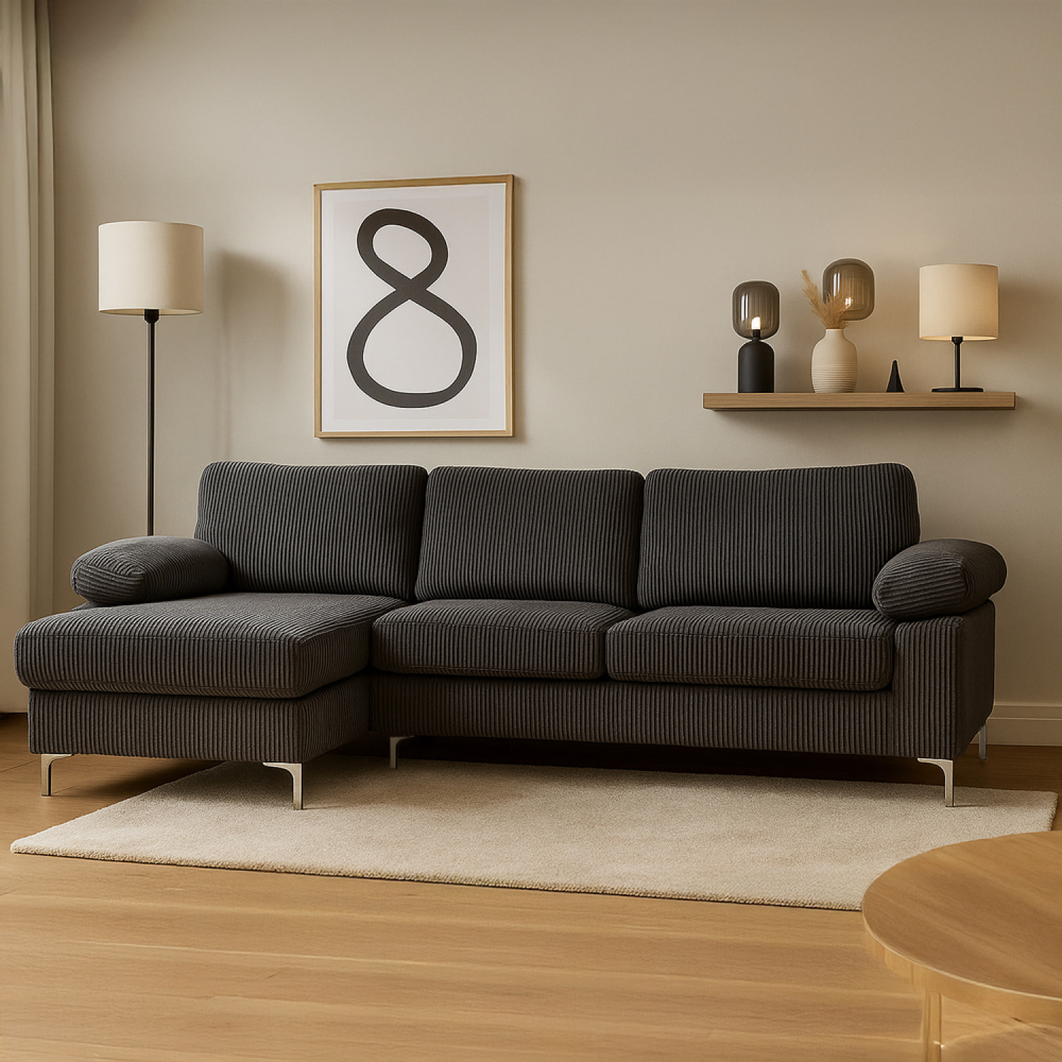 SOUTH Canapé d'angle 4-5 places méridienne gauche velours côtelé gris anthracite