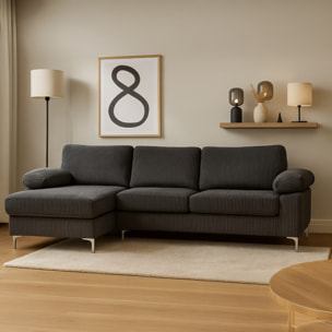 SOUTH Canapé d'angle 4-5 places méridienne gauche velours côtelé gris anthracite