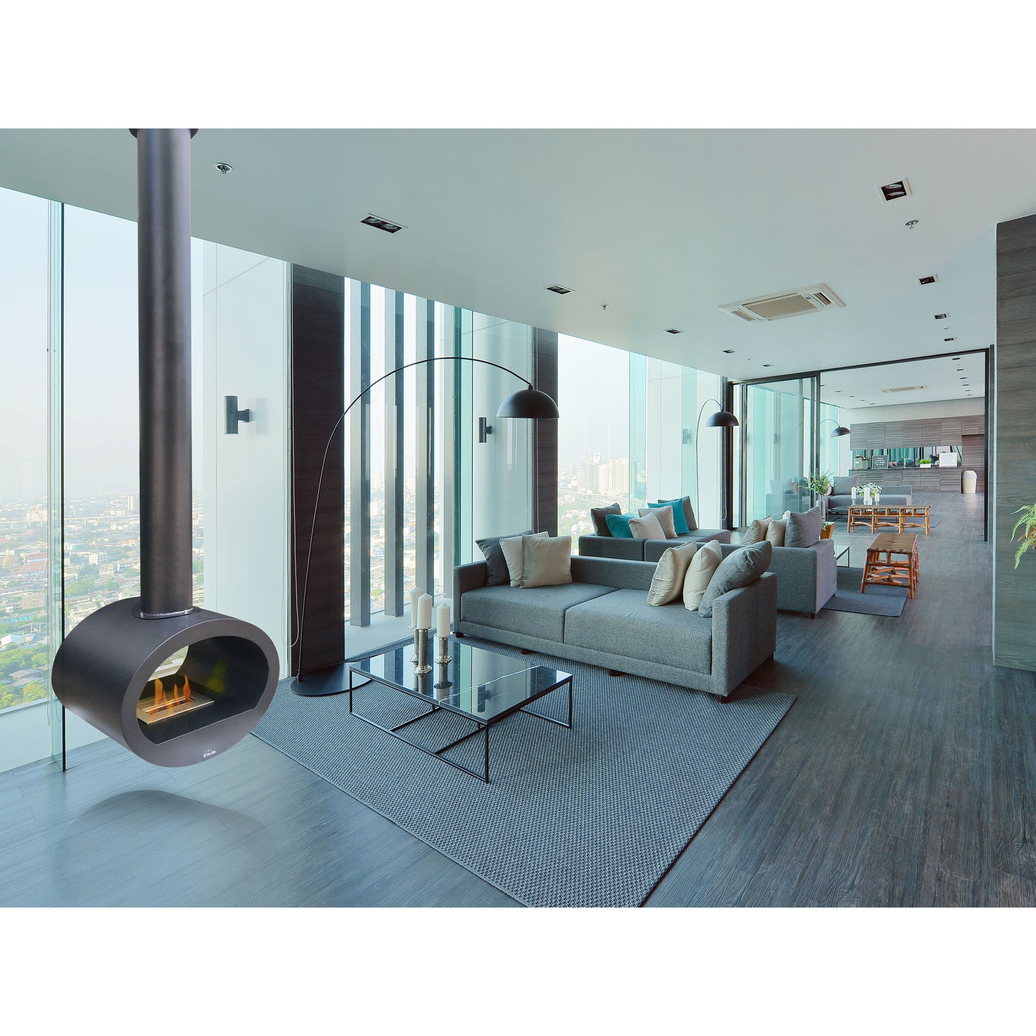 Chimenea de etanol de techo con diseño alargado en acero negro SYKE PURLINE