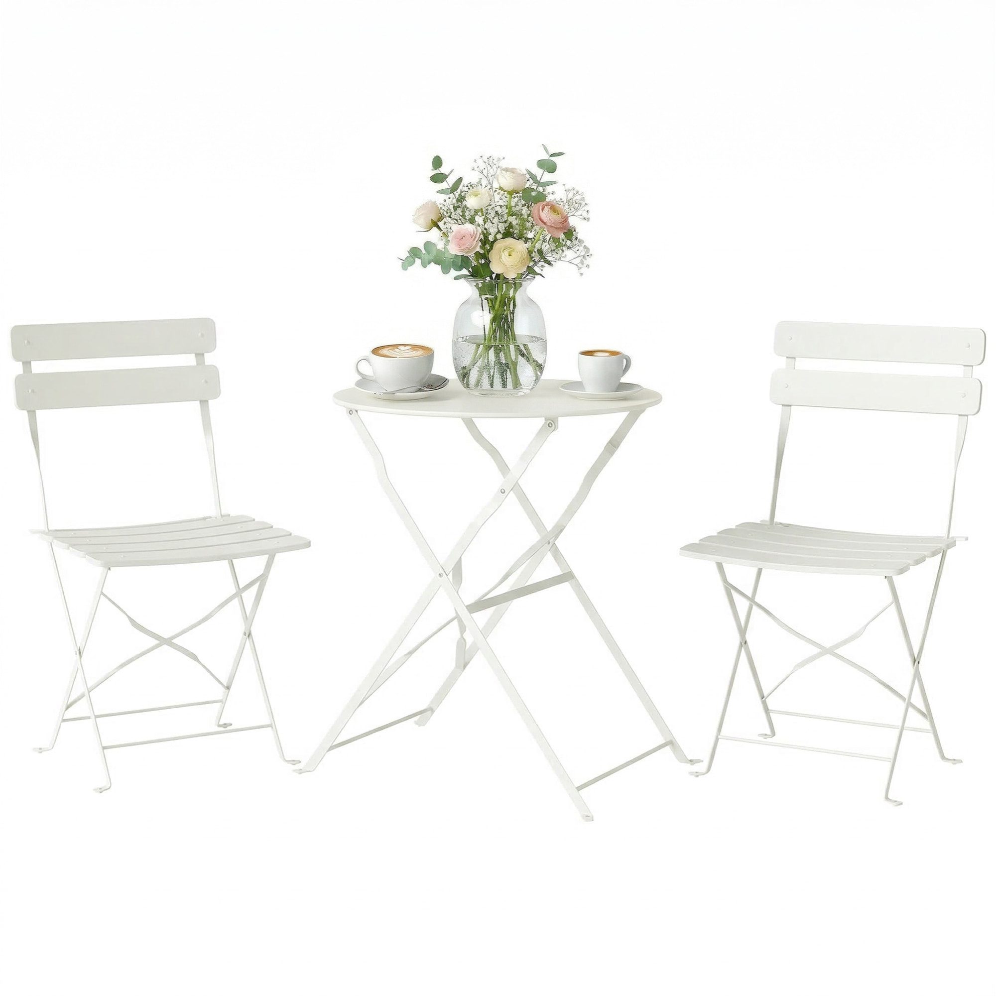 Conjunto de Mesa y Sillas de Terraza Exterior Plegable 3 Piezas, Muebles de Jardín Exterior con 2 Sillas Plegables, Mesa Redonda, Estructura Metálica Electrofórica para Patio, Balcón, Crema