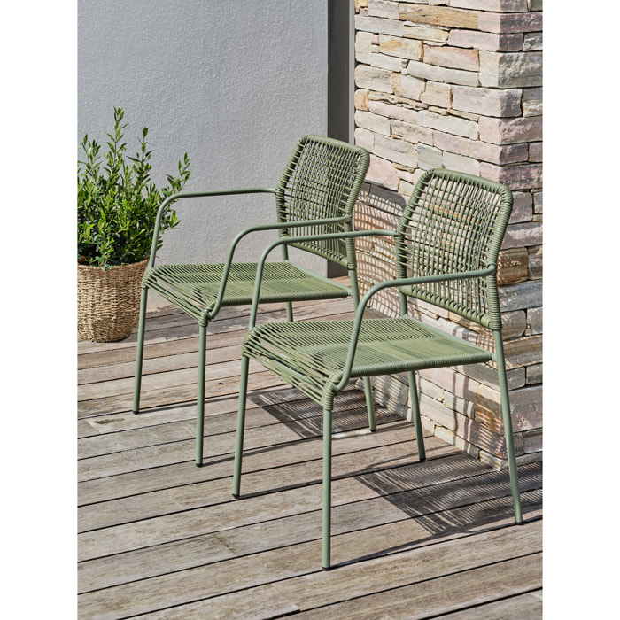 MARCEAU - Lot composé de 2 fauteuils de jardin en corde et acier vert olive
