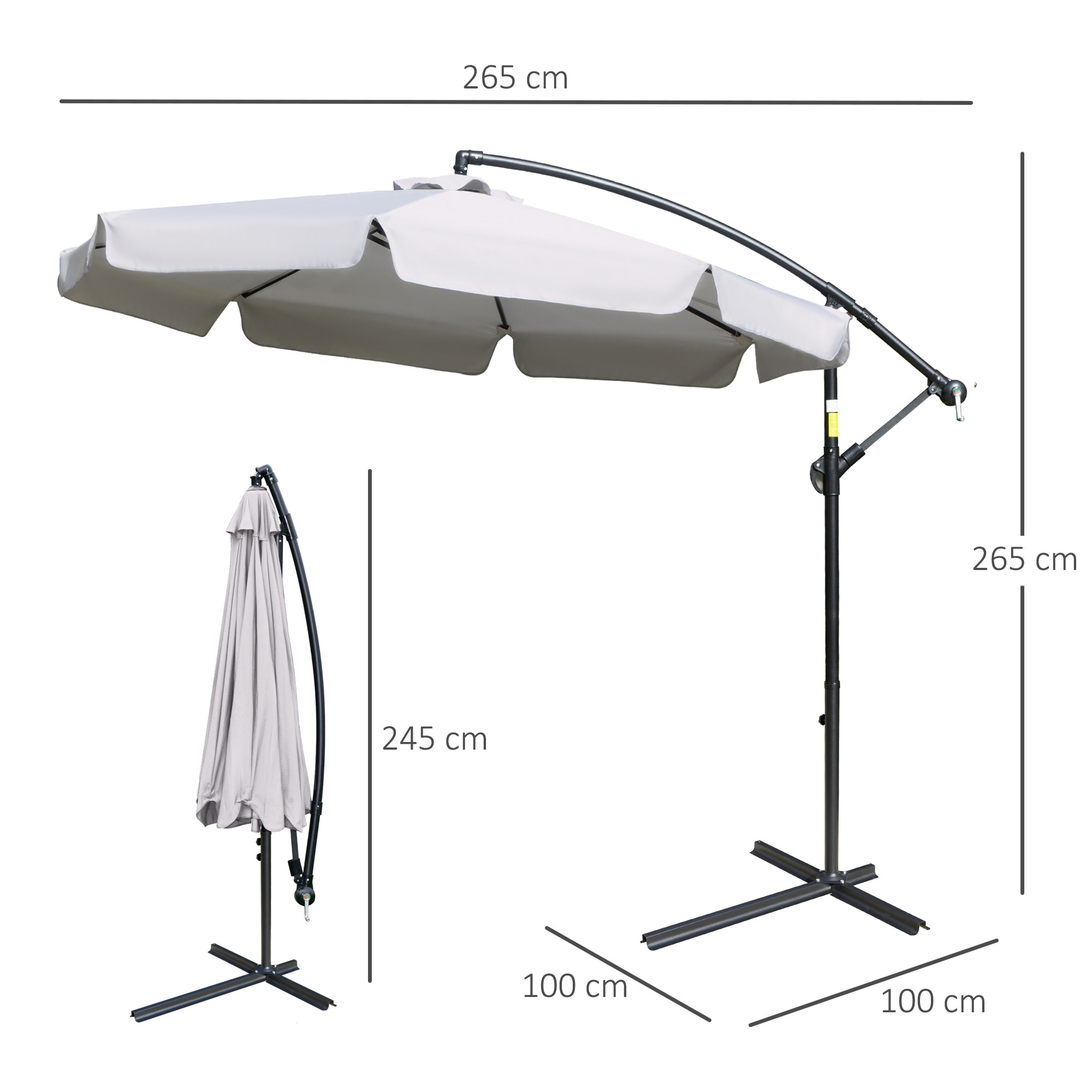 Parasol déporté octogonal inclinable manivelle Ø 2,65 x 2,45H m acier époxy polyester gris