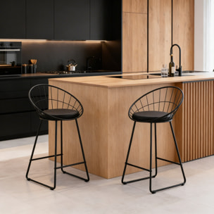 Lot de 2 tabourets de bar 75cm en métal noir et coussin noir ALEX