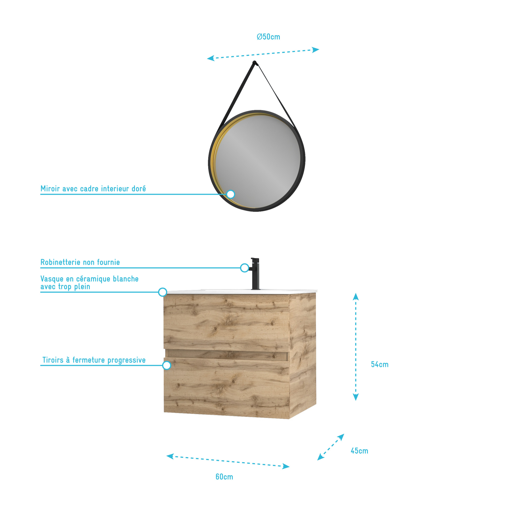Pack Meuble SDB 60cm suspendu 2 tiroirs Chene_Vasque blanche + Miroir Barber - TIMBER 60_Pack32