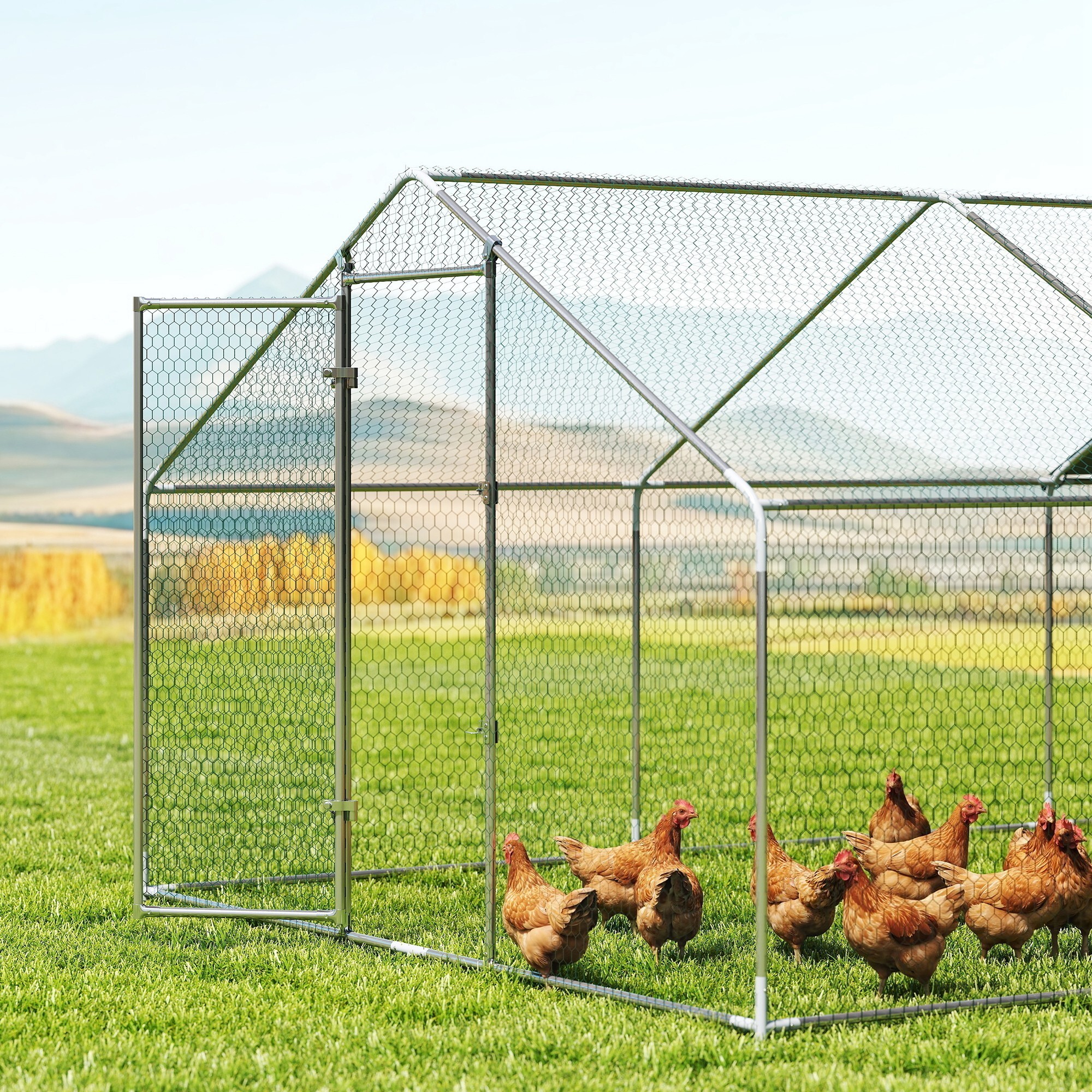 Gallinero para Exterior Grande, 5,1x3x1,9 m, Gallinero de Acero Galvanizado, Puerta con Doble Cierre, Cubierta Tela Oxford, Anti-UV e Impermeable, Diseño Accesible, para 15-24 Gallinas, Plata