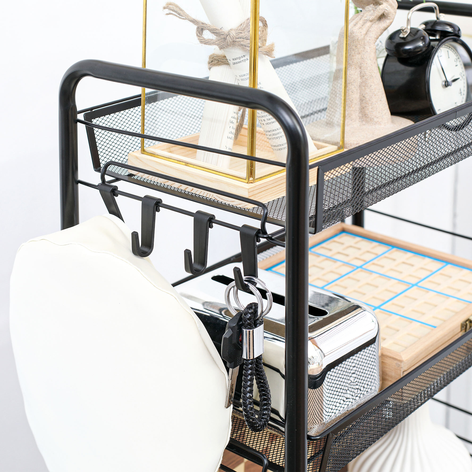 Carrito Auxiliar con Ruedas, Carrito de Cocina de Acero, con 3 Cestas, Carga 9 kg, para Comedor, Sala de Estar, Baño, 45x26,5x63 cm, Negro