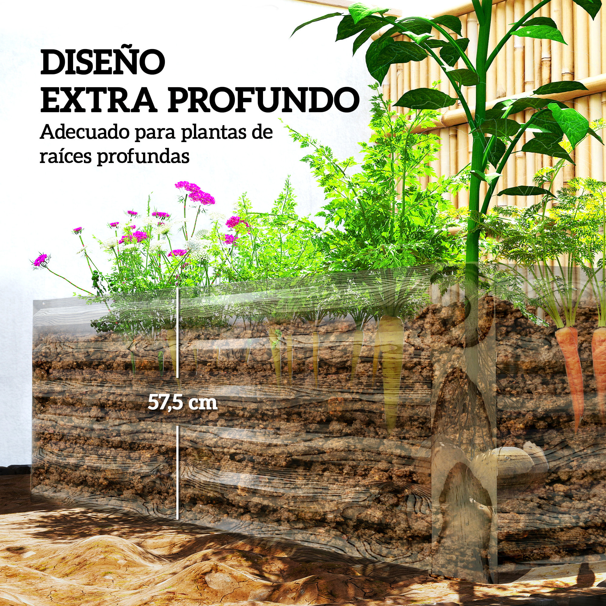 Jardinera Exterior Grande Rectangular de Acero Galvanizado, Huerto Urbano para Cultivar Plantas, Macetero Grande Exterior con Base Abierta, Resistente a la Intemperie, 180x90x57,5 cm, Natural
