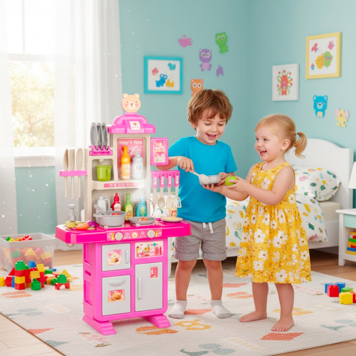 Cucina Giocattolo Per Bambini Con Luci E Suoni Realistici 69 Accessori Rubinetto Con Sistema Di Riciclo Dell'Acqua E Fornelli 3-5 Anni Rosa e Bianco