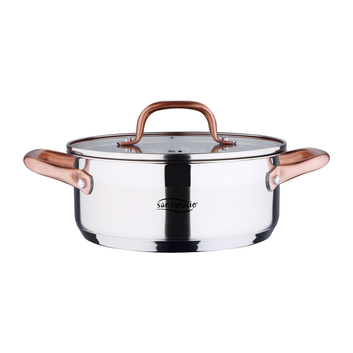 Cacerola de acero inox ind con tapa, plateado y cobre