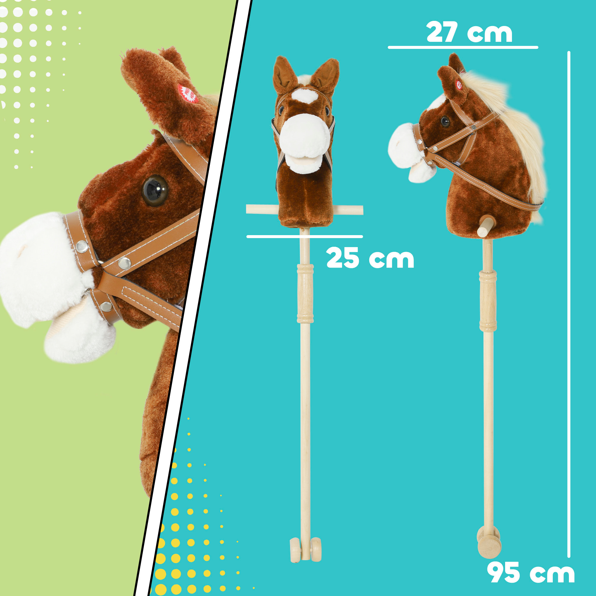 Cabeza de Caballo con Palo de Madera, Sonidos y Ruedas, Caballo de Juguete, 95 cm de Altura, Marrón