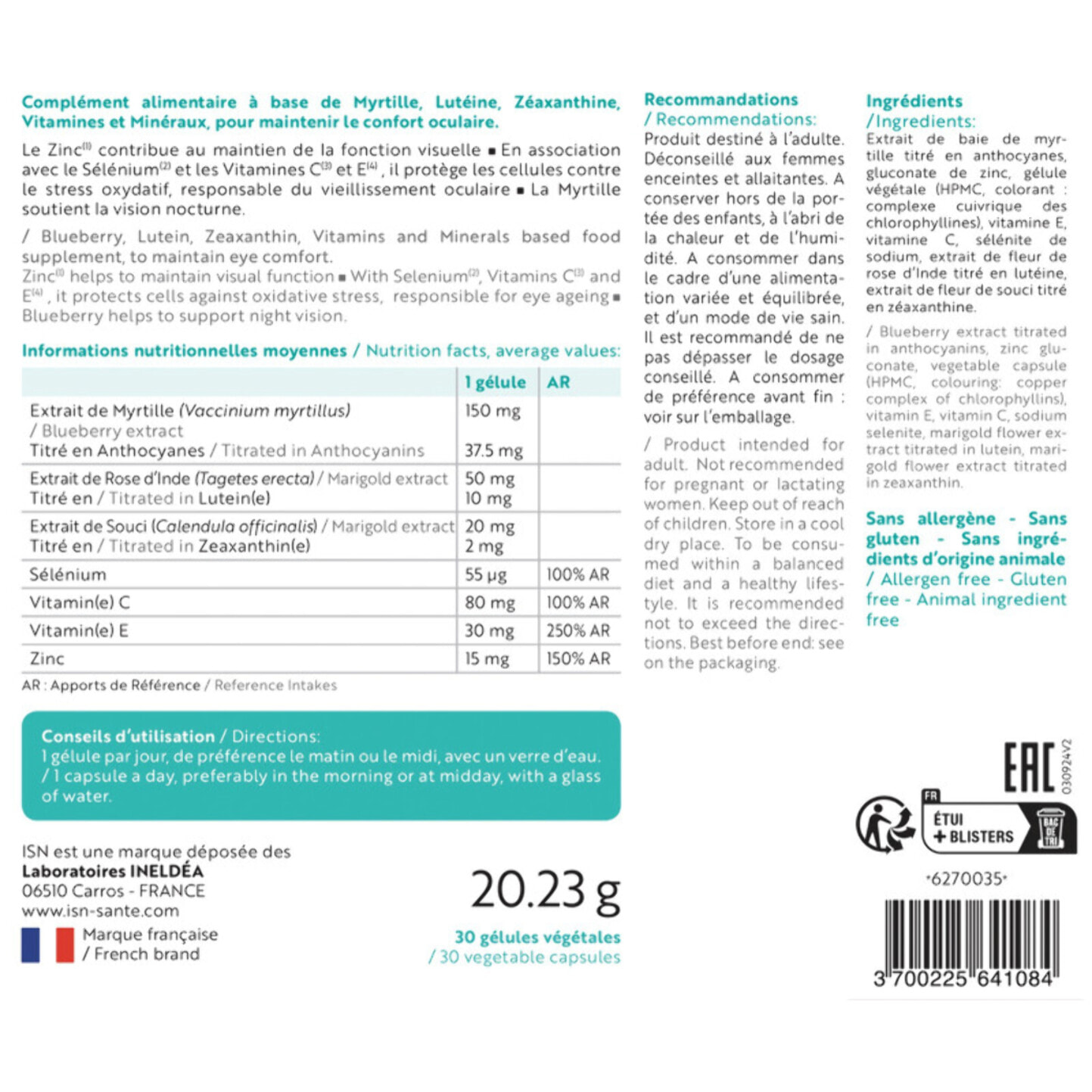 ISN - Visioteine - Contribue à protéger la rétine et le cristallin de l'oxydation responsable du vieillissement oculaire - Améliore le confort visuel - 30 gélules végétales