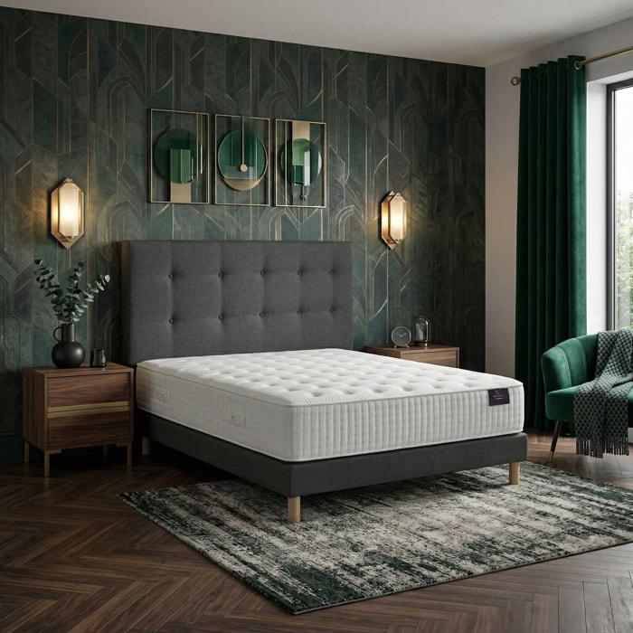 Ensemble matelas mousse haute résilience CALLISTO, H29 cm, accueil mémoire de forme, sommier et tête de lit gris foncé