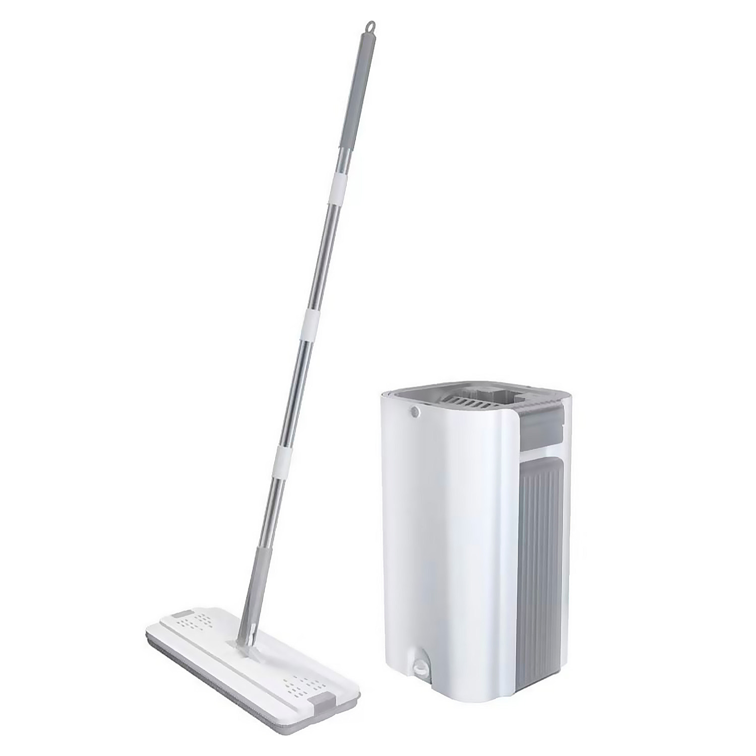 Mopa con rotación 360°, cubo con sistema de escurrido eficiente y tapón de vaciado. Incluye 3 paños de microfibra.