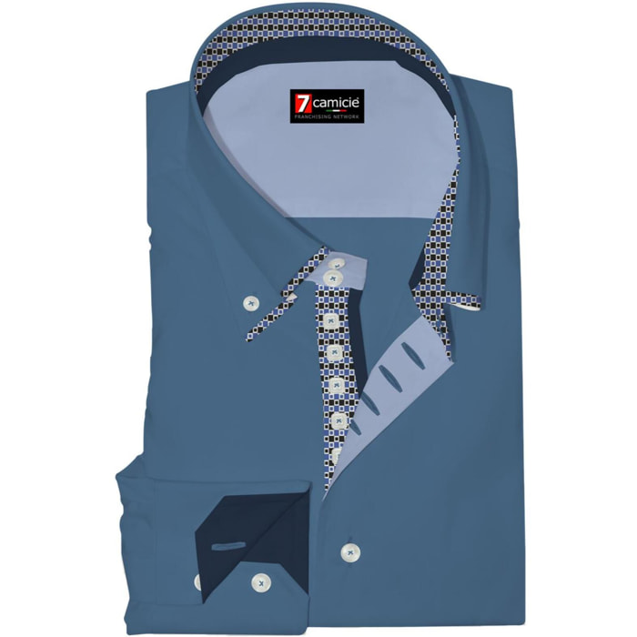 Camicia Uomo 2 Bottoni Button Down 7bottoni Doppio Coll Satin Unito Celeste Cadetto
